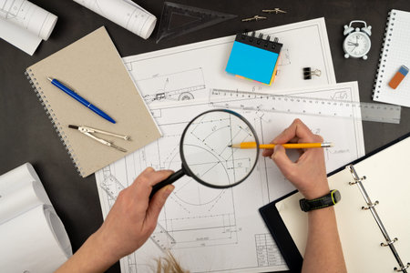 Look through a magnifying glass. Mechanical drawing on sheets of paper. Hands on the table top view....