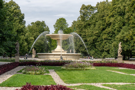 Large old fountain in the park. Warsaw Poland.の写真素材