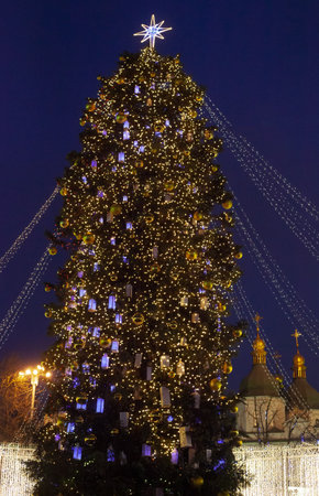 Street city Christmas tree at night. The garlands are burning. Holiday decorations and toys. Garland of lights.の写真素材