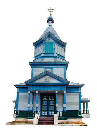 Wooden church isolated on white background. The old chapel is blue.の写真素材