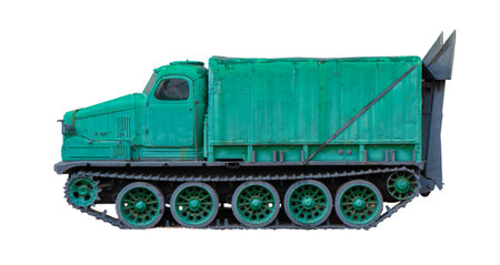 Old crawler truck isolated on white background. Green all-terrain vehicle. SUV car. BTR retro model
