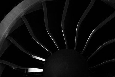 Airplane turbine blades close-up. Airplane engine. Turbines blade.