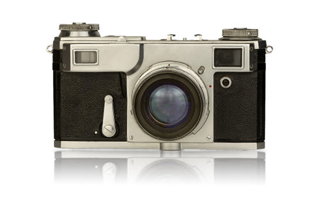 Old camera isolated on a white background. Vintage film camera with retro lens isolate.