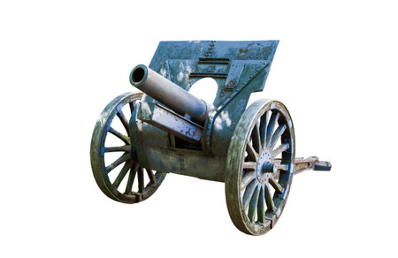 Military cannon isolated on white background. Weapons from the First World War. Heavy artillery