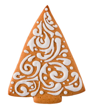 Gingerbread decorated with white sugar glaze isolated on white background. Christmas cookies.の写真素材