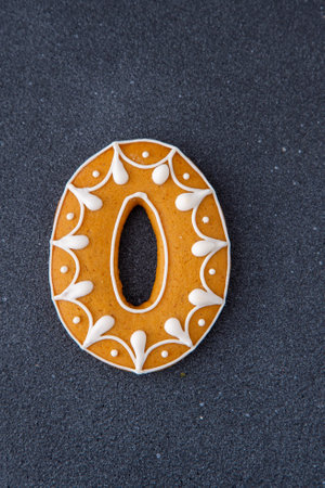 Decorated Gingerbread Cookie Number Zero. Food background. Christmas decor.の写真素材