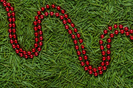 Red Bead Garland on Green Needles backgroundの写真素材