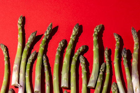Green asparagus on red background. Vegetable food top view.の写真素材