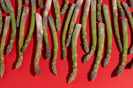 Green asparagus on red background. Vegetable food top view.の写真素材