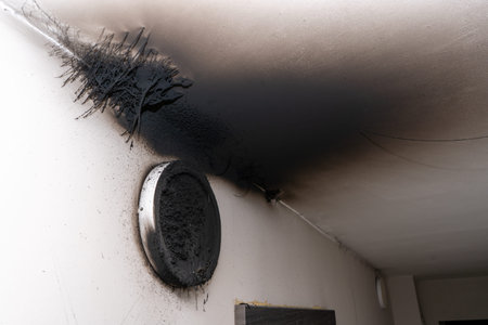 Burnt out LED lamp. A lampshade lamp on the wall after a fire. Spontaneous combustion and fire in a...
