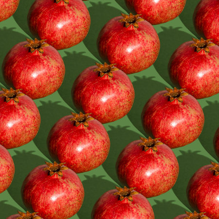 Pomegranate pattern. Red pomegranates on a green background. Fruit food.