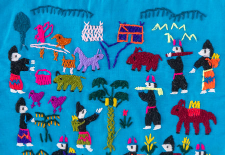 Traditional Embroidery with Village Scenesの写真素材