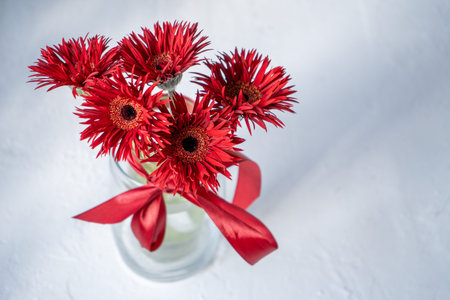 Gerbera Red Flowers in Glass Vaseの写真素材