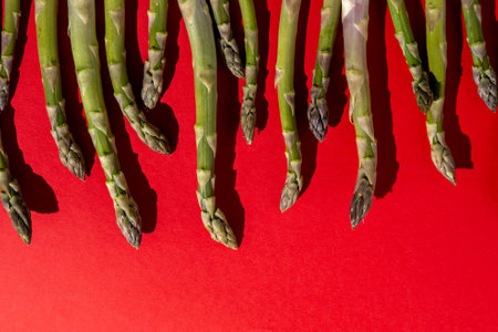 Green asparagus on red background. Vegetable food top view.の写真素材
