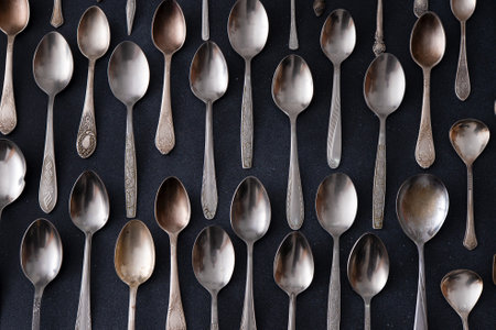 Set of different spoons. Silver cutlery on a black background. Spoon on the tableの写真素材
