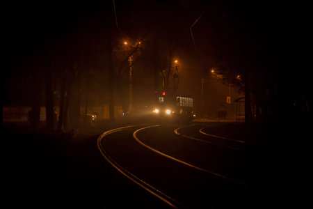 Tram Approaching Through Forest nature in Fog. Autumn dark night