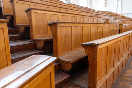 Empty Lecture Hall with Wooden Benches