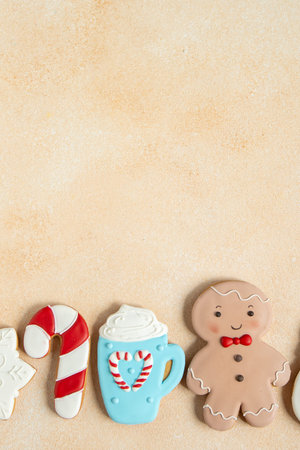 Gingerbread cookies with icing decoration. Christmas food. Gingerbread man cane cup coffee dessert....