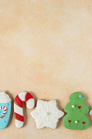 Gingerbread cookies with icing decoration. Christmas food. Baking tradition on Holliday. Xmas tree sweet copy space backgroundの写真素材