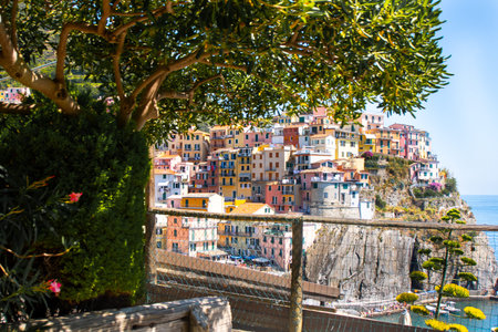 Colorful houses on cliff edge. Manarola Italian village Cinque Terre, Liguria, Italy. Summer natureの写真素材