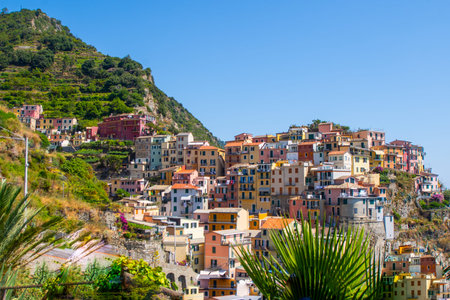 Colorful city houses on cliff edge. Manarola Italian village Cinque Terre, Liguria, Italy. Summer...
