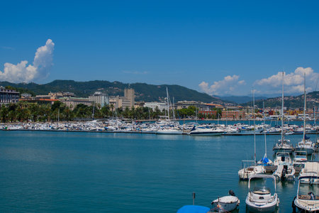 Italian city of La Spezia. Bay port with boats and boats. Pier in the Ligurian blue Seaの写真素材