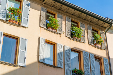 Windows with wooden shutters. Flowers on the windowsill in summer. Italian style facade. Wallの写真素材