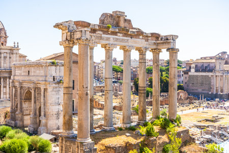 Columns Ruin Roman Forum architecture. Italy Rome center ancient streetの写真素材