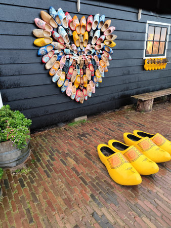 Heart love Clomps wooden shoes. Old Clogs in Dutch. Holland traditional footwear. Netherlands symbol