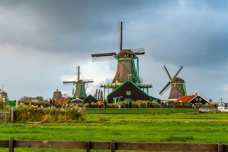 Windmills in Zaanse Schans Netherlands Natureの写真素材