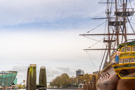 Ships mast old boat Amsterdam, Netherlands Nemo Science Museum designed in form of a ship by...