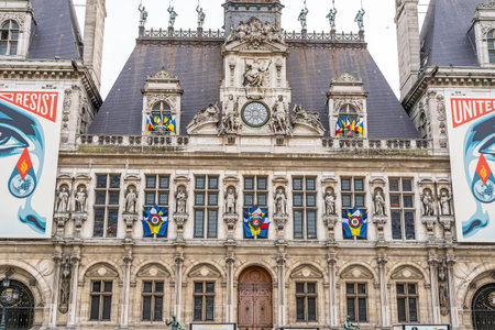 Paris, France Hotel de Ville square in Paris. Old house building architecture with Ukraine flag, supporting Ukrainianのeditorial素材