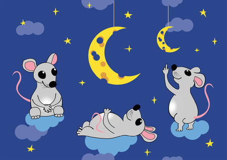 Mice sitting on the clouds admire the moon in the form of cheese. Vector seamless illustration, eps 8のイラスト素材