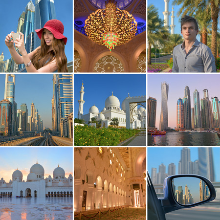 Collage on the theme of Travel Emirates: Dubai, Abu Dhabi, landmark, sea.のeditorial素材