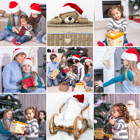 Collage on the theme of Christmas: Happy family, children, Christmas toys, Christmas tree.の写真素材