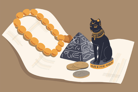 Egyptian cat, a pyramid and papyrus - souvenirs from travels.のイラスト素材