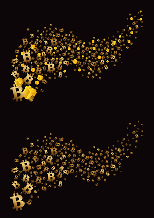 Golden flying bitcoins and gifts on a black background. Vector illustrationのイラスト素材