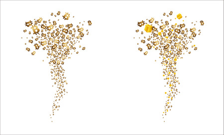 Tornado of golden flying bitcoins and gifts. Vector illustrationのイラスト素材