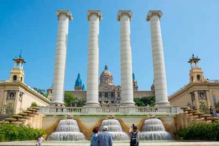Editorial. May, 2018. Mount Montjuic, Barcelona, Spain. Columns of Montjuic in front of the The Magic Fountain of Montjuïc near the National Palace, where the National Museum of Art of Cataloniaのeditorial素材