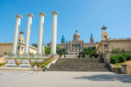 Editorial. May, 2018. Mount Montjuic, Barcelona, Spain. Columns of Montjuic in front of the National Palace, where the National Museum of Art of Catalonia, Barcelonaのeditorial素材