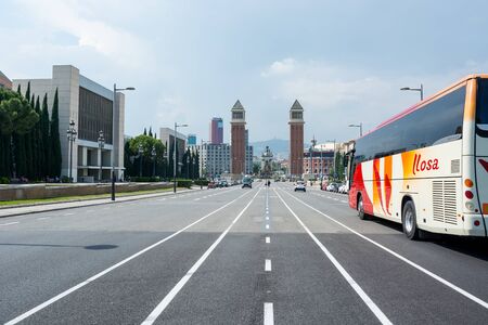 Editorial. May, 2018. Mount Montjuic, Barcelona, Spain. View of Queen Maria-Christina Avenue and the Plaza of Spain, Barcelona.のeditorial素材