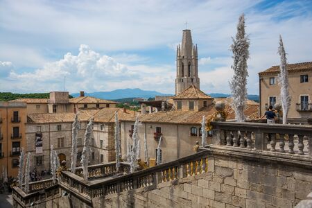 Editorial, May, 2018. The stairs and the Cathedral on the Plaza de Catedral in Girona, Spain.のeditorial素材