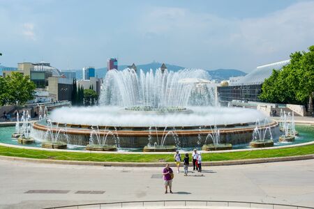 Editorial. May, 2018. Mount Montjuic, Barcelona, Spain. The Magic Fountain of MontjuÃ¯c near the National Palace, where the National Museum of Art of Catalonia is located, Mount Montjuic, Barcelona, Spainのeditorial素材