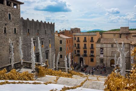 Editorial, May, 2018. The stairs and the Cathedral on the Plaza de Catedral in Girona, Spain.のeditorial素材