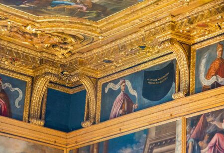 Editorial. May, 2019. Venice, Italy. Portraits of Doge under the ceiling in the Chamber of the Great Council of the Doge's Palace (Palazzo Ducale). In place of the portrait of Marino Falier, who was executed for attempting a coup, is a black canvas that sのeditorial素材