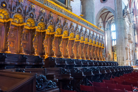 Editorial. June, 2019. Venice, Italy. The choir of the Frari, the perfect distribution of the...