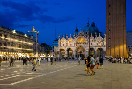 Editorial. June 2019. Venice, Italy. A view of the St Mark's Basilica on the Piazza San Marco at night.のeditorial素材
