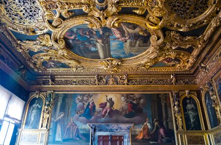 Editorial. May, 2019. Venice, Italy. Fragment of the rich interior painting and decoration of the ceiling and walls in the Doge's Palace.のeditorial素材
