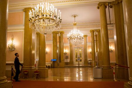 Editorial. May, 2019. Venice, Italy. Hall and Chandeliers of the La Fenice Theatre. Interior of La Fenice Theatre.のeditorial素材