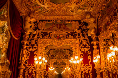 Editorial. May, 2019. Venice, Italy. Mirrors of the Royal Lodge. Fragment of the decoration of the...